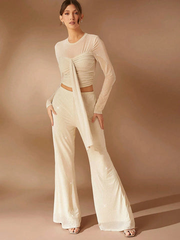 Haute Elegant Rhinestone Mesh Flare Leg Pants With Lining