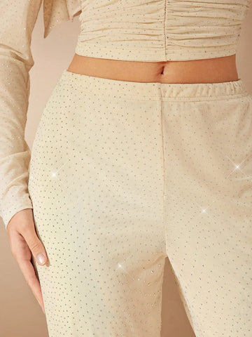 Haute Elegant Rhinestone Mesh Flare Leg Pants With Lining
