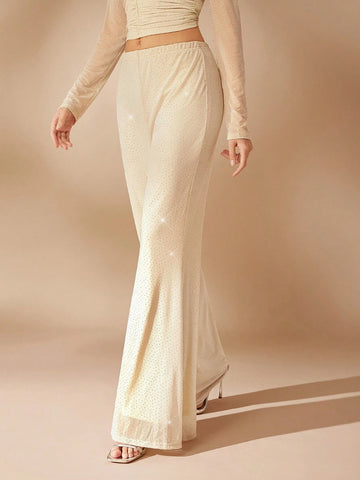 Haute Elegant Rhinestone Mesh Flare Leg Pants With Lining