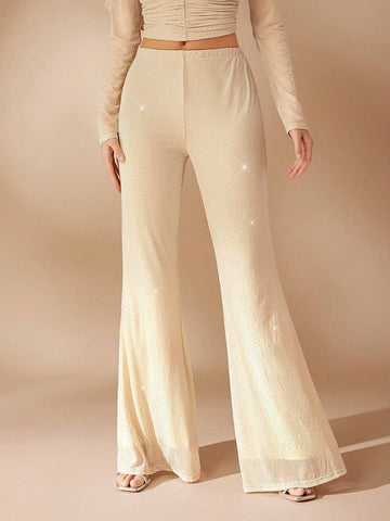 Haute Elegant Rhinestone Mesh Flare Leg Pants With Lining