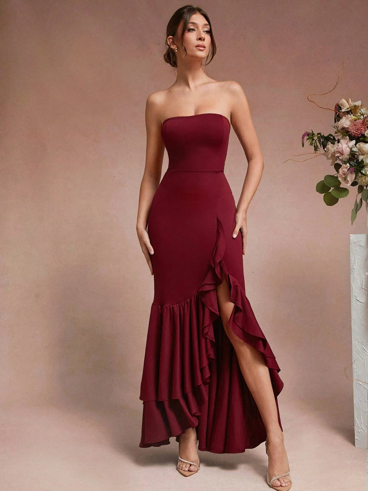 Elegant Strapless Layered Ruffle Hem Maxi Dress