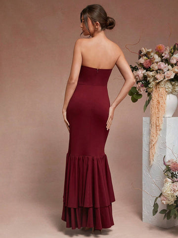 Elegant Strapless Layered Ruffle Hem Maxi Dress