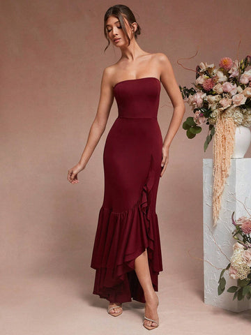 Elegant Strapless Layered Ruffle Hem Maxi Dress