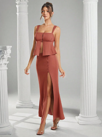 Haute Fall Women Clothes, Women Rust Solid Color Side Button Design Side Slit Hem Elegant A-Line Skirt. For Everyday Wear, Going Out, Concerts, Festivals,Party, Night Out
