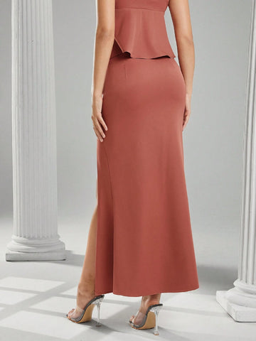Haute Fall Women Clothes, Women Rust Solid Color Side Button Design Side Slit Hem Elegant A-Line Skirt. For Everyday Wear, Going Out, Concerts, Festivals,Party, Night Out