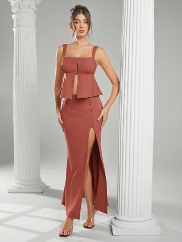 Haute Fall Women Clothes, Women Rust Solid Color Side Button Design Side Slit Hem Elegant A-Line Skirt. For Everyday Wear, Going Out, Concerts, Festivals,Party, Night Out