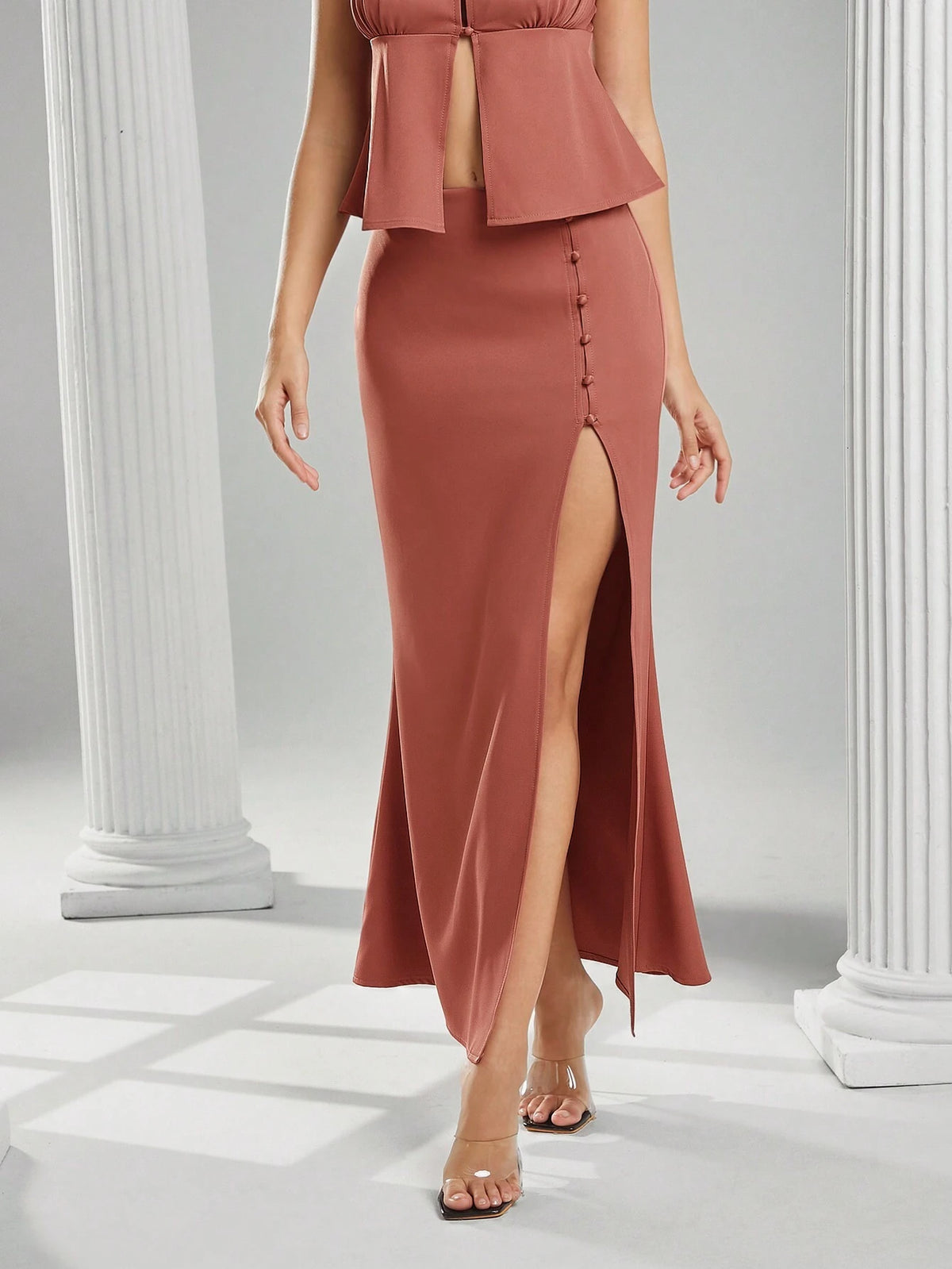 Haute Fall Women Clothes, Women Rust Solid Color Side Button Design Side Slit Hem Elegant A-Line Skirt. For Everyday Wear, Going Out, Concerts, Festivals,Party, Night Out