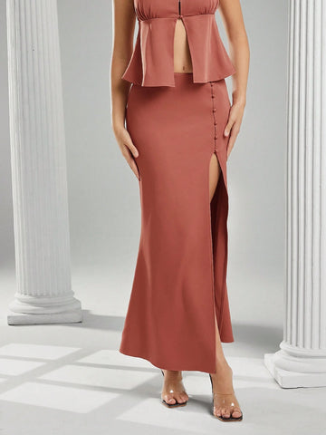 Haute Fall Women Clothes, Women Rust Solid Color Side Button Design Side Slit Hem Elegant A-Line Skirt. For Everyday Wear, Going Out, Concerts, Festivals,Party, Night Out