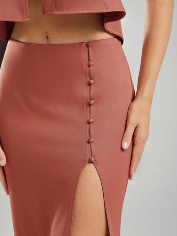 Haute Fall Women Clothes, Women Rust Solid Color Side Button Design Side Slit Hem Elegant A-Line Skirt. For Everyday Wear, Going Out, Concerts, Festivals,Party, Night Out