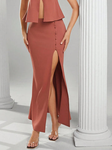 Haute Fall Women Clothes, Women Rust Solid Color Side Button Design Side Slit Hem Elegant A-Line Skirt. For Everyday Wear, Going Out, Concerts, Festivals,Party, Night Out