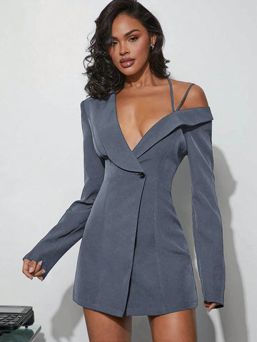 Fashionable Sexy Solid Color Asymmetric Neck Bodycon Mini Dress