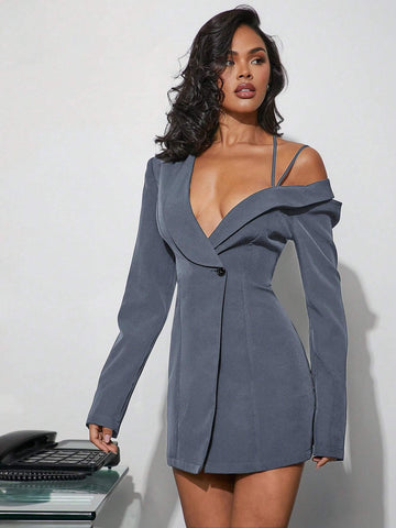 Fashionable Sexy Solid Color Asymmetric Neck Bodycon Mini Dress