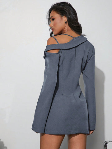 Fashionable Sexy Solid Color Asymmetric Neck Bodycon Mini Dress