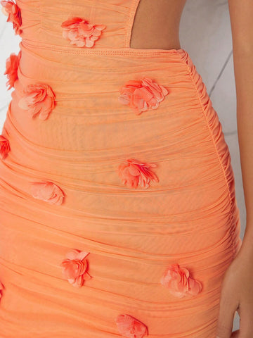 Floral Applique Ruched Backless Dress