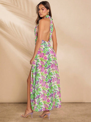 Floral Buckle Ruffle Halter Dress