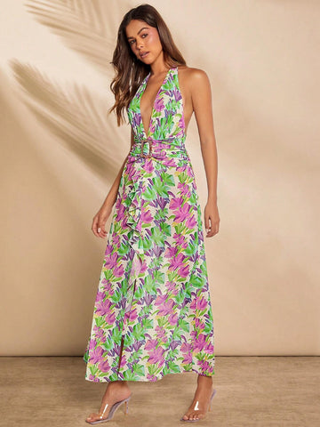 Floral Buckle Ruffle Halter Dress