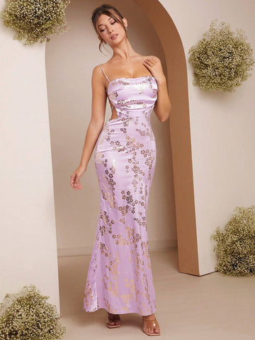 Floral Jacquard Open Back Lace-Up Maxi Dress