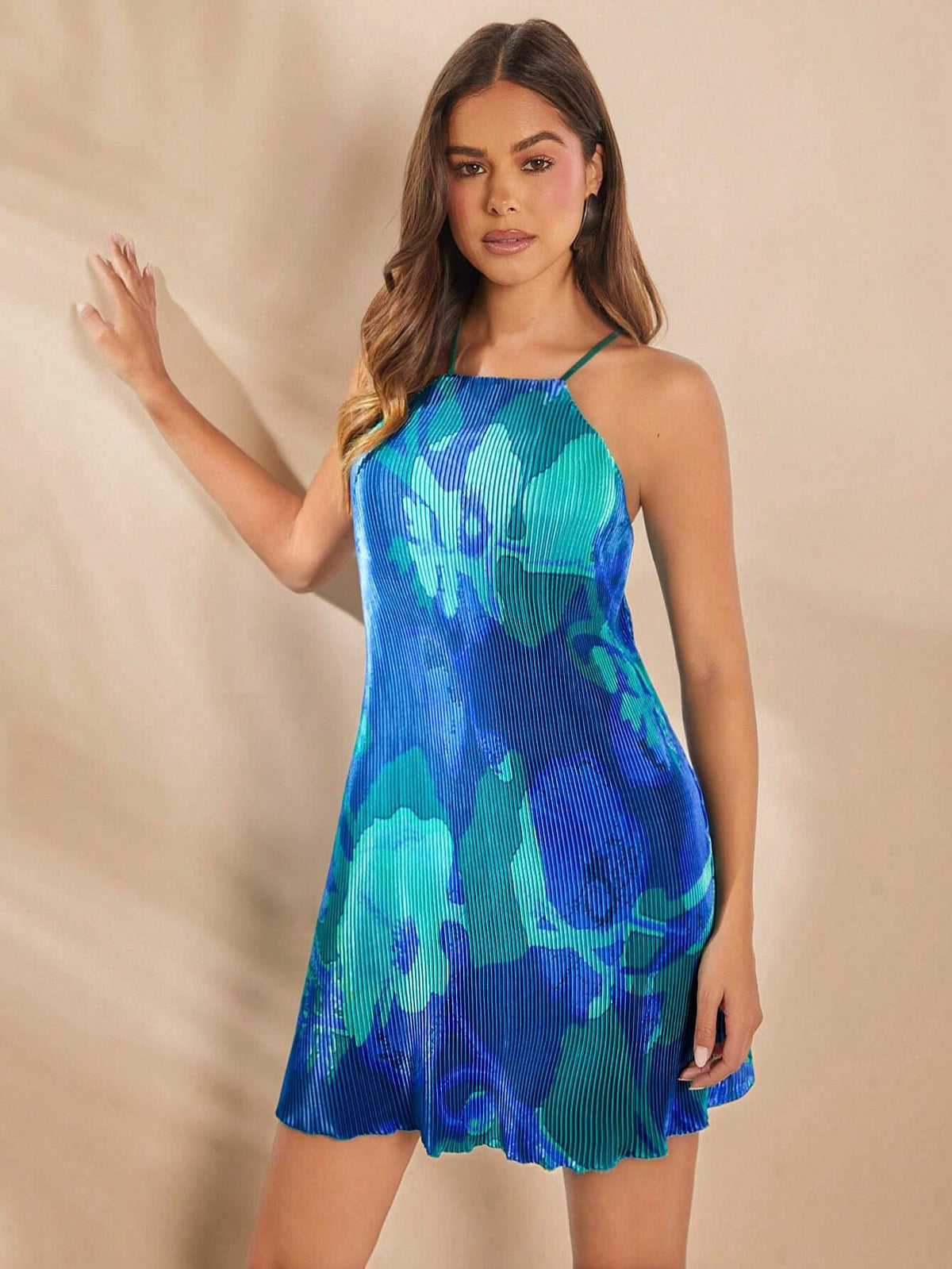 Floral Plisse Halter Tie Back Dress