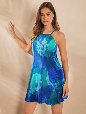 Floral Plisse Halter Tie Back Dress