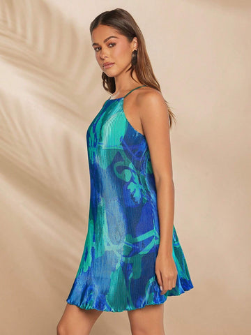 Floral Plisse Halter Tie Back Dress