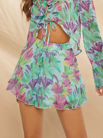 Haute Floral Print Lettuce Hem Shorts