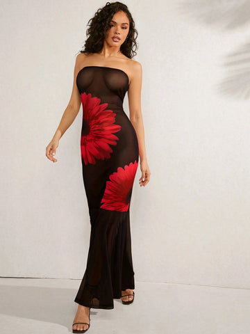 Floral Print Mesh Fish Tail Hem Strapless Elegant Dress