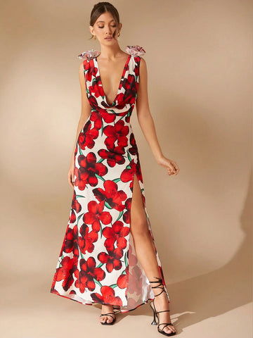 Floral Print Satin Cowl Neck Split High Sexy Dress