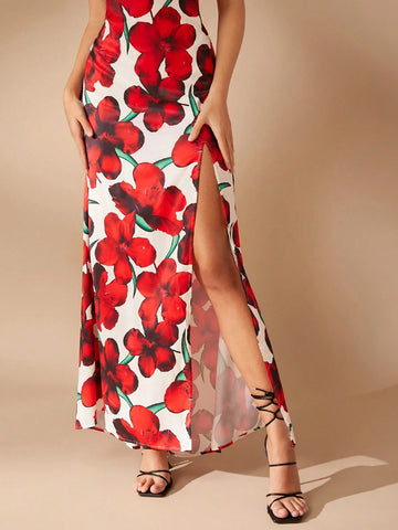 Floral Print Satin Cowl Neck Split High Sexy Dress