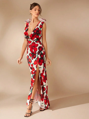 Floral Print Satin Cowl Neck Split High Sexy Dress
