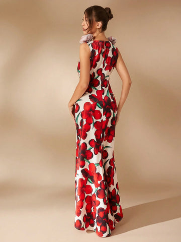 Floral Print Satin Cowl Neck Split High Sexy Dress
