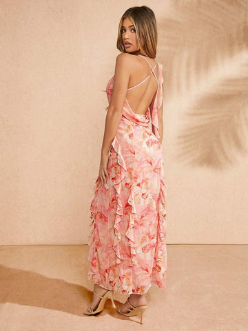 Floral Ruffle Draped Backless Dress