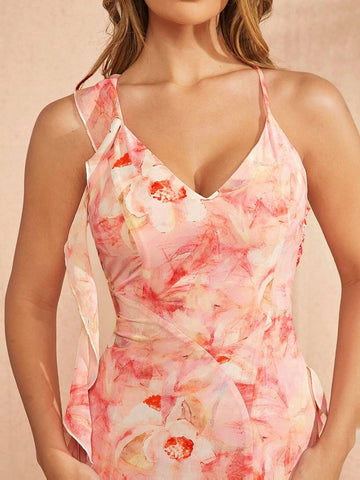 Floral Ruffle Draped Backless Dress