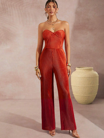 Frill Tube Wide Leg Plisse Jumpsuit
