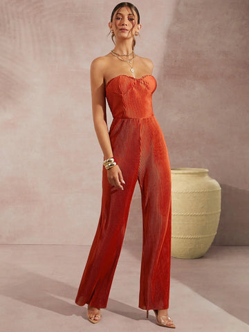 Frill Tube Wide Leg Plisse Jumpsuit