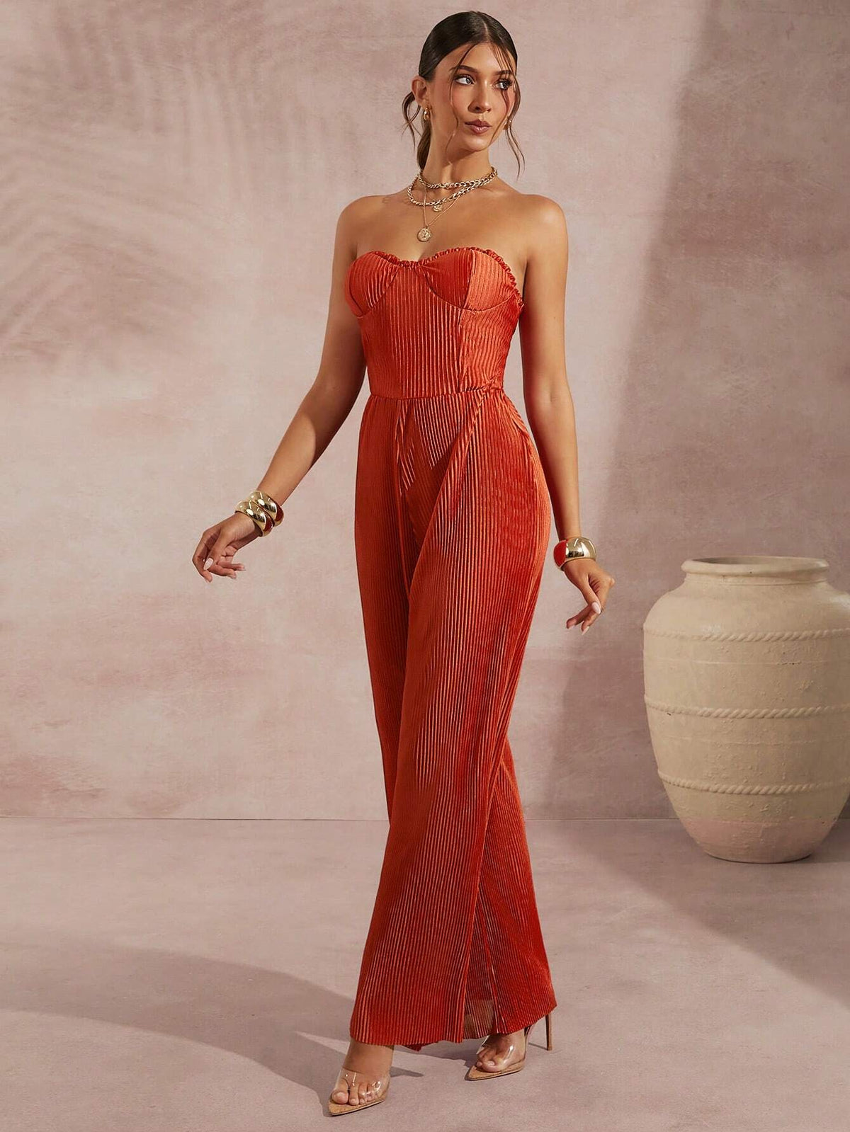 Frill Tube Wide Leg Plisse Jumpsuit