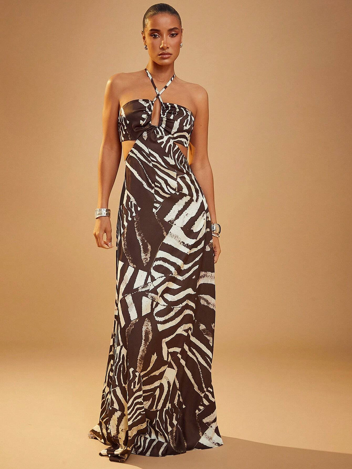 Front Cut Out Cross Over Halter Open Back Maxi Dress