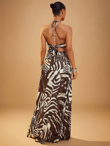 Front Cut Out Cross Over Halter Open Back Maxi Dress