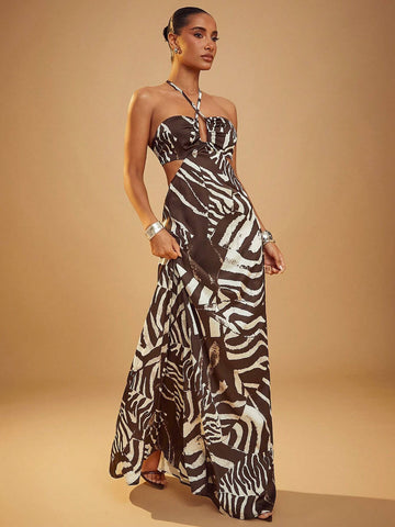 Front Cut Out Cross Over Halter Open Back Maxi Dress