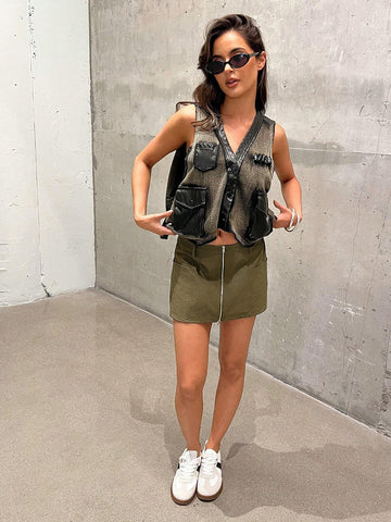 Haute Front Zip Cargo Skirt