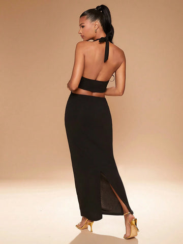 Gold Embellished Linked Halter Midi Bodycon Dress