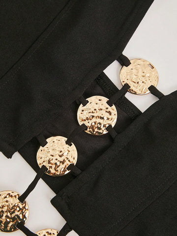 Gold Embellished Linked Halter Midi Bodycon Dress