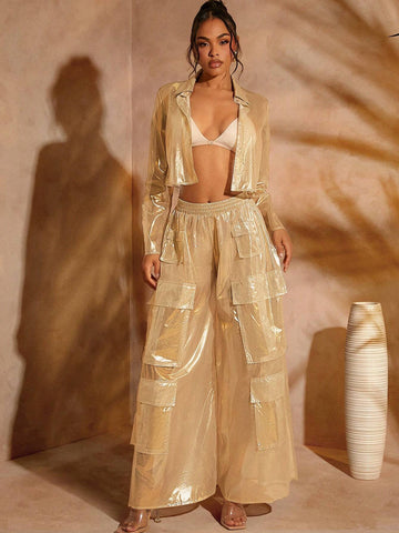 Haute Gold Metallic Sheer Button Up Crop Shirt