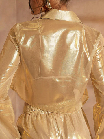 Haute Gold Metallic Sheer Button Up Crop Shirt