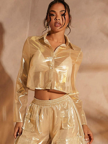 Haute Gold Metallic Sheer Button Up Crop Shirt