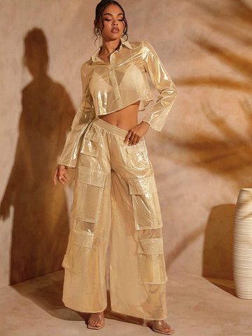 Haute Gold Metallic Sheer Button Up Crop Shirt