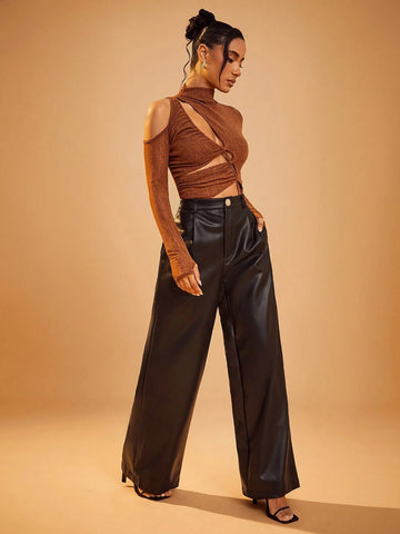Haute High Waist Faux Leather PU Wide Leg Pleated Pants