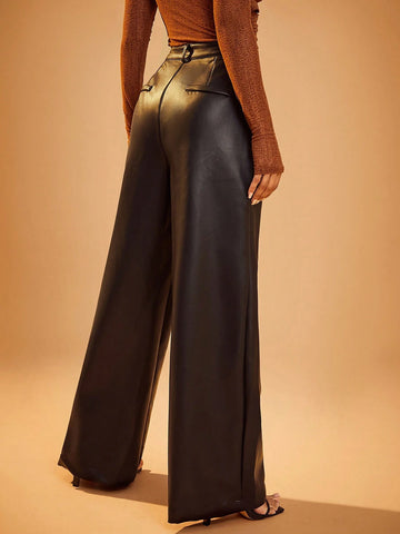 Haute High Waist Faux Leather PU Wide Leg Pleated Pants