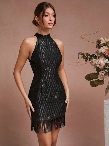 Jacquard Halter Dress With Fringe Hem