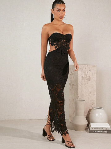 Lace Cut Out Strapless Dress