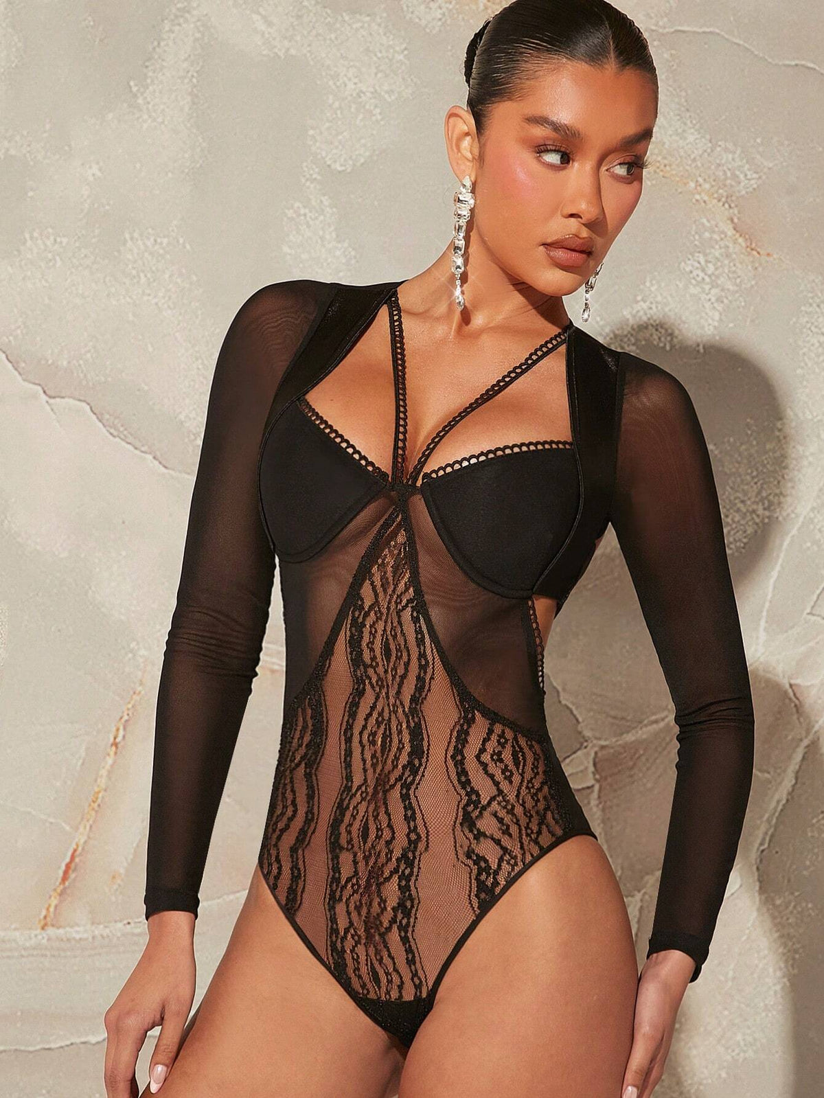 Lace Panel Mesh Sheer Strap Bodysuit